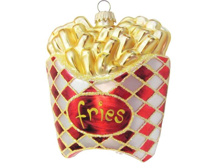 Christbaumschmuck KREBS GLAS LAUSCHA Tüte Pommes Frites, Weihnachtsdeko, Christbaumschmuck , bunt (rot, goldfarben, beige), B:5cm H:12cm, Glas, Weihnachtsbaumschmuck, Christbaumschmuck, mundgeblasen