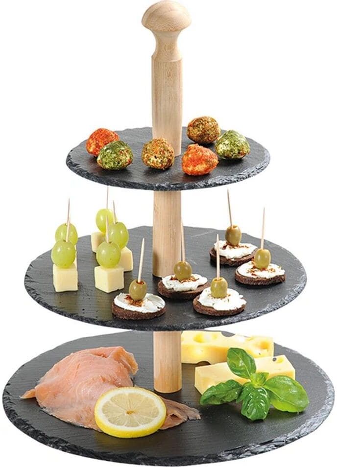 Etagere KESPER "3-stöckig Schiefer Bambus Rund", schwarz (braun, schwarz), Ø:30cm, Bambus, Schiefer, Servierplatten, Etagere braun, schwarz Ø 30cm