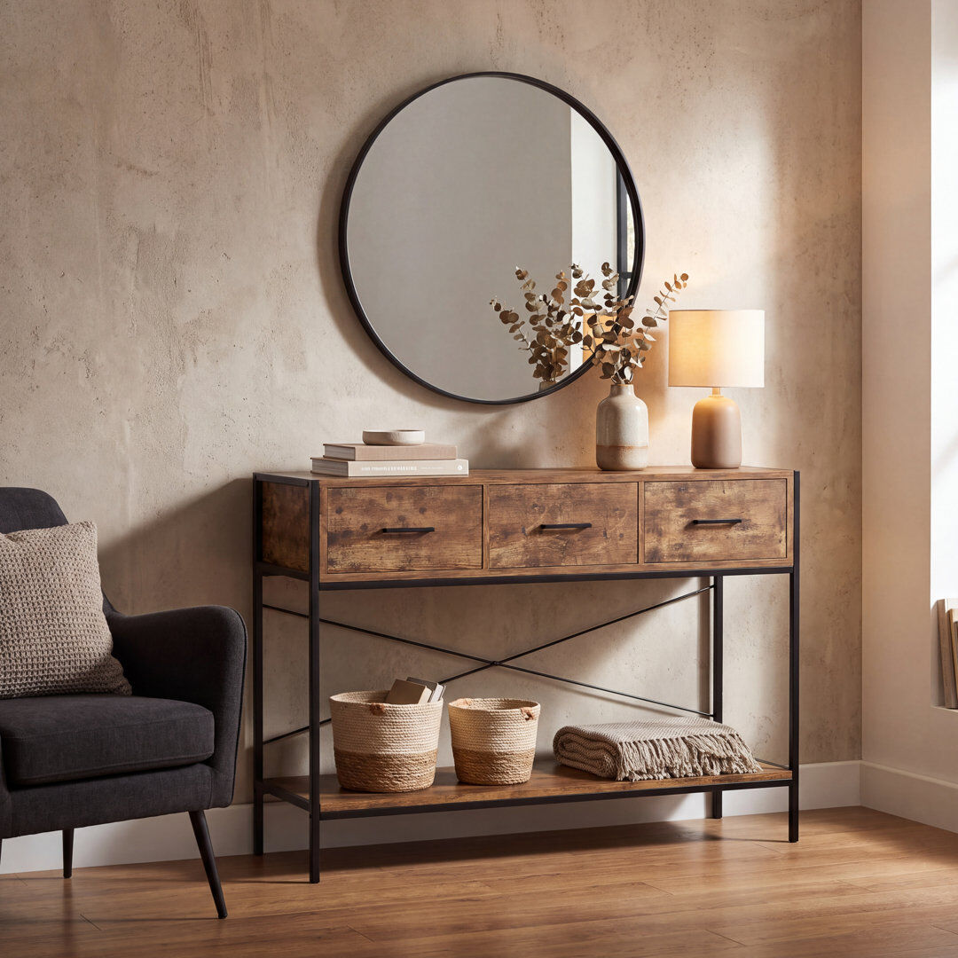 Borough Wharf Sylvie 3 Drawer Console Table for Hallway, Industrial Style Living Room Furniture With Metal Legs Dark Wood/Dark Wood/Black