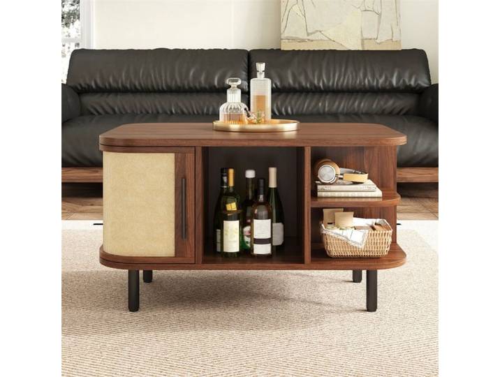 Table basse design ovale - Table de salon avec portes tressées effet rotin niches ouvertes et pieds en métal