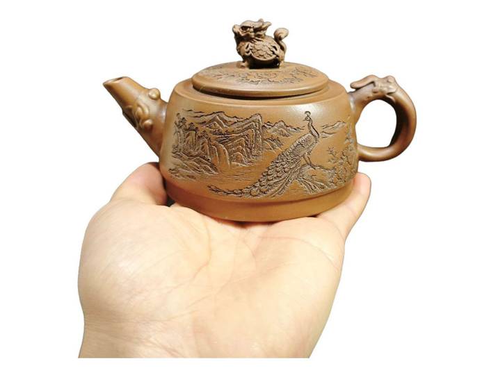 Pot en argile violette chinoise, ensemble de bouilloires en céramique, Dragon Phoenix, bête mythique, paon, paysage en Relief, Motif pivoine, bec en forme