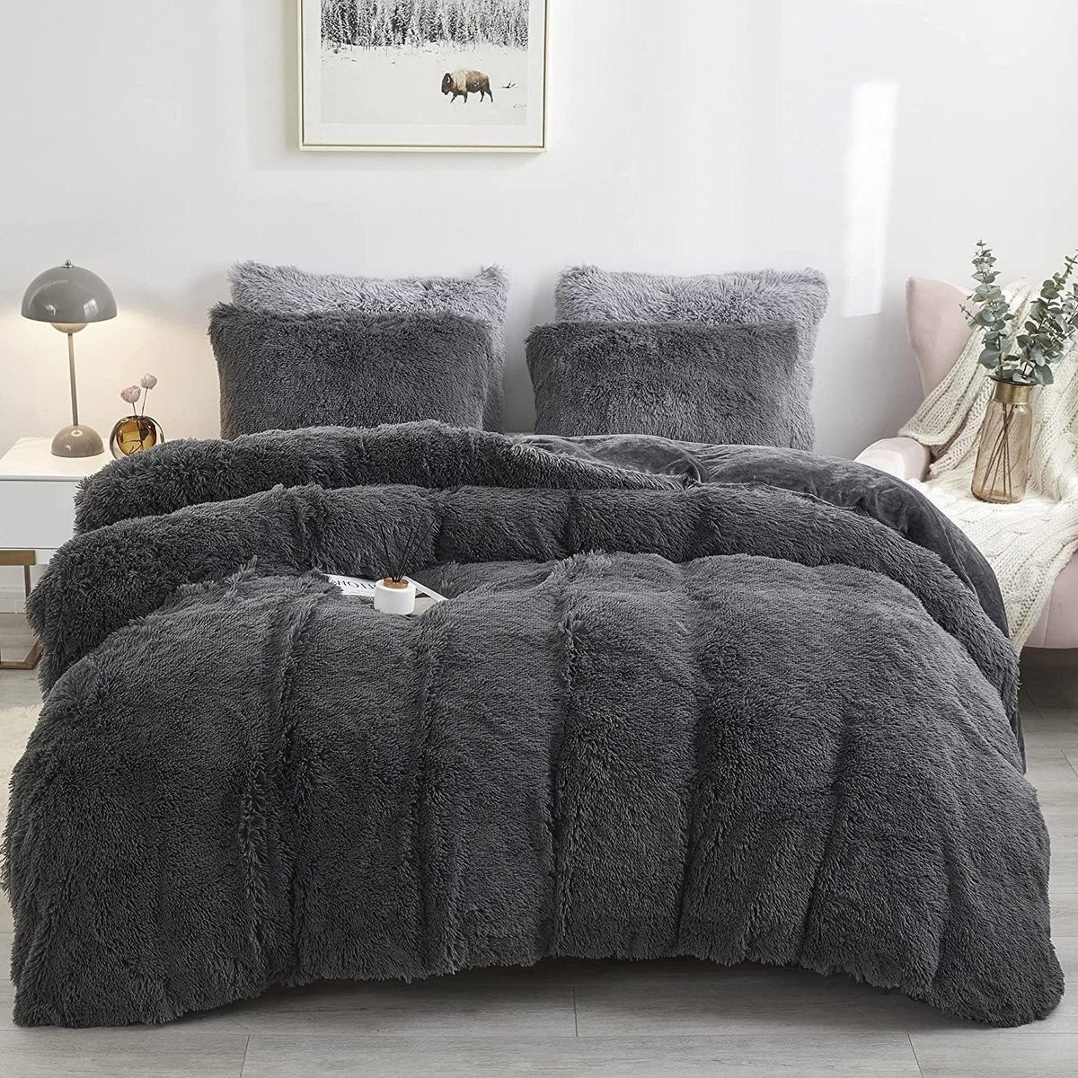 Donkergrijs Pluche Beddengoed Set - Flanel Biber Dekbedovertrek met Ritssluiting en Hoekbinders - Dekbedovertrek 135 x 200 cm en 2x Kussenslopen 80 x 80 cm