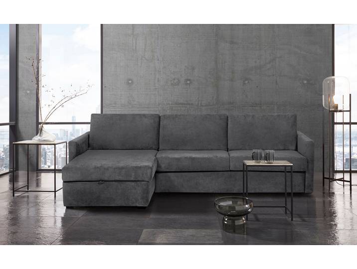 Schlafsofa, Luxus-Microfaser, Anthrazit 264×157 cm, Liegefläche 140×200 cm, Mit Schlaffunktion & Bettkasten, Modern, Places of Style