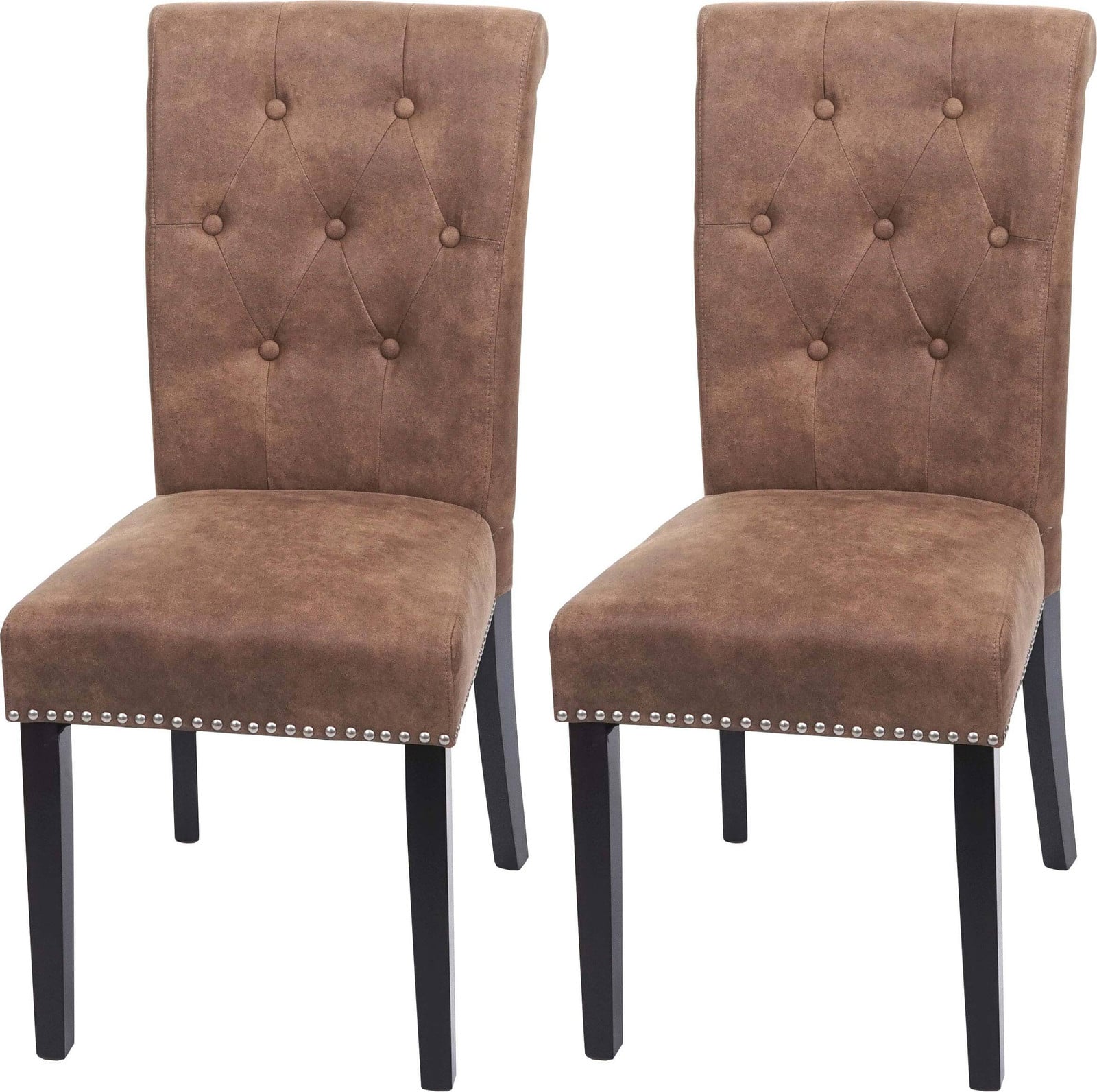 Mendler Set van 2 Chesterfield II eetkamerstoelen, bruin textiel met decoratieve nagels en donkere poten