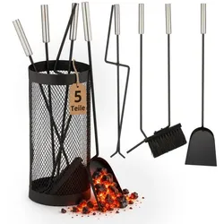 Relaxdays 5-teiliges Kaminbesteck im Eimer schwarz Schwarz,Silber