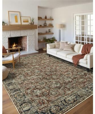 Garvee Washable Vintage Faded Floral Print Area Rug