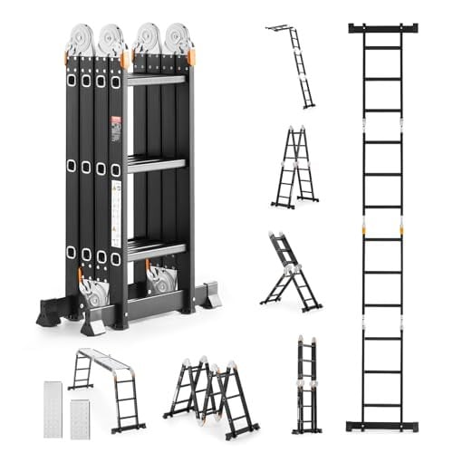 VEVOR Multifunctionele 7-in-1 vouwladder, uitschuifbare aluminium A-frame ladder met steiger, 3,7 m reikhoogte, 355 kg draagvermogen, zwart
