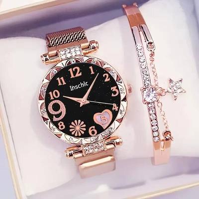 Friendly Fresh Finds Elegant Womens Mesh Strap Watch Set With Star Bracelet, Magnet Buckle Analog b