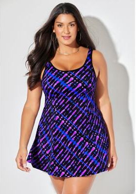 Plus Size Women's Tummy Control Princess Seam Swimdress by Swimsuits For All in Electric Purple Waves (Size 20)