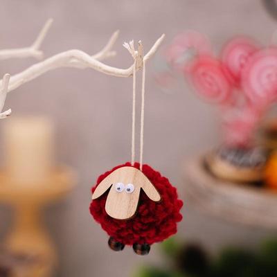 Inspired Deals Rustic Wooden Lamb Christmas Ornament Hanging Decoration For Tree & Holiday Display red