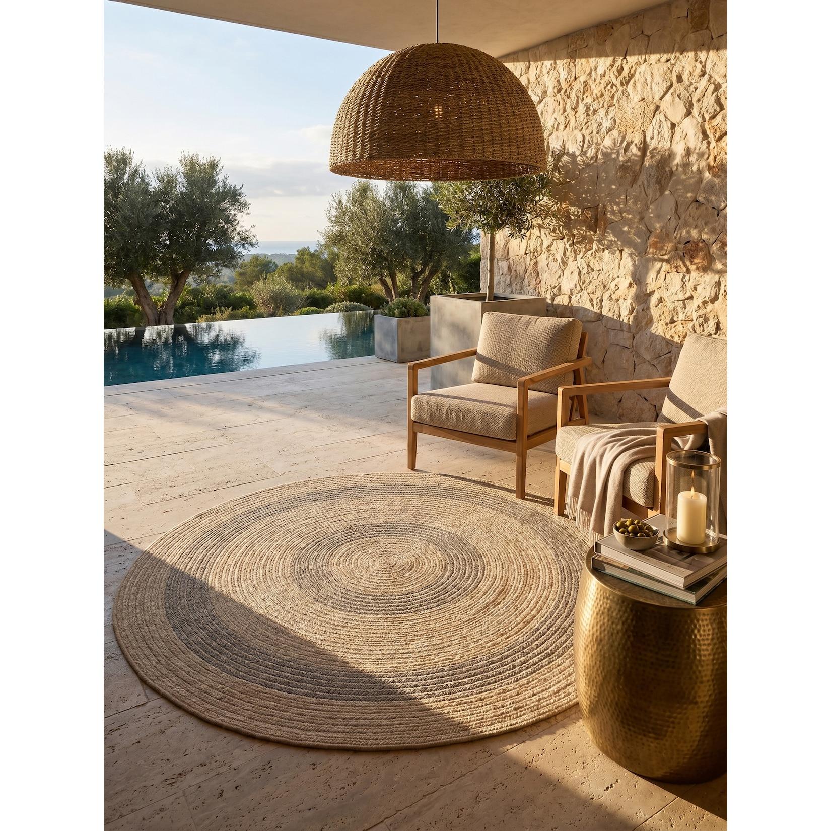 Outdoorteppich KAUNS, im Vintage-Stil, Schwarz, Ø 120 cm