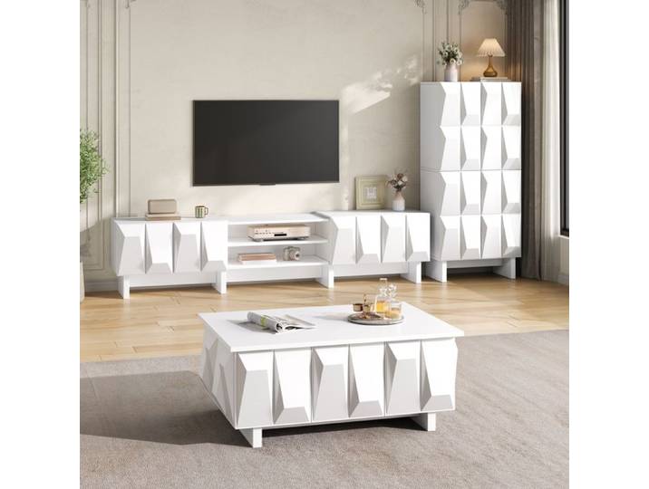 Ensemble meuble salon 3 pièces design géométrique 3D – Meuble TV 180cm + Table basse 95cm + Buffet 135cm – Moderne PB Blanc