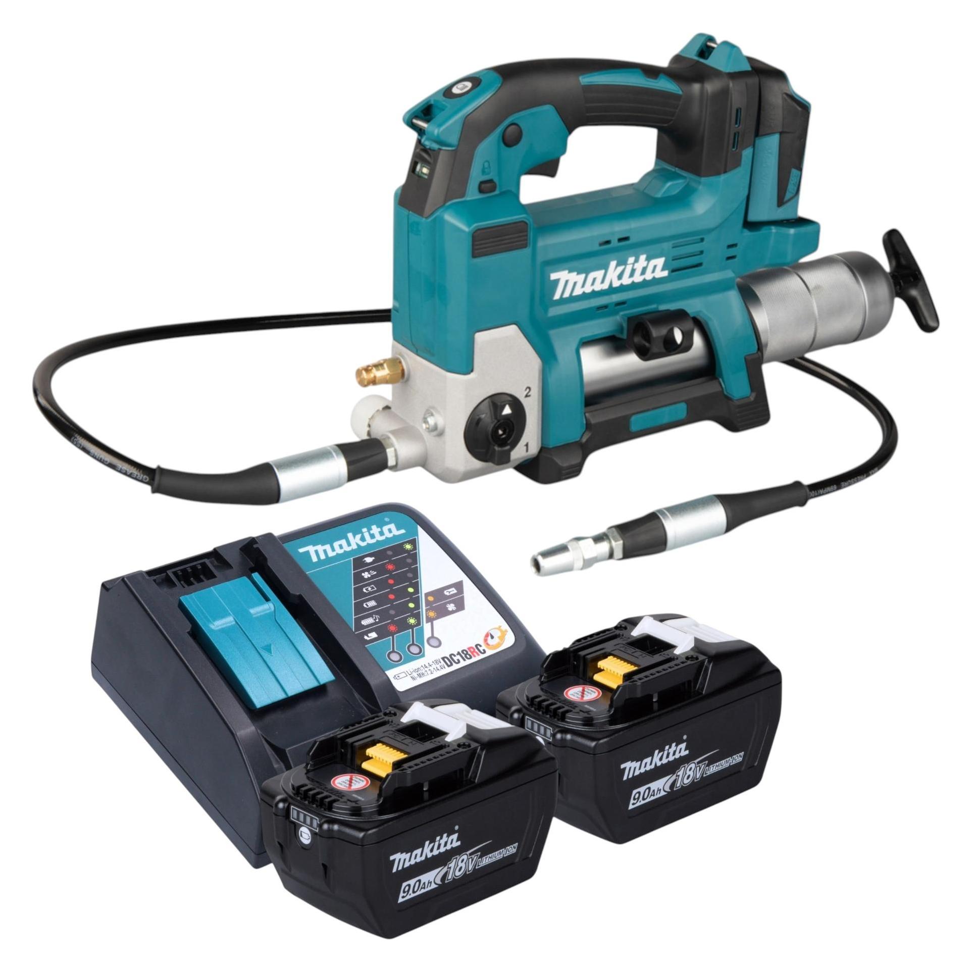 Makita DGP 180 Z Akku Fettpresse 18 V 690 bar + 2x Akku 9,0 Ah + Ladegerät (Fettpresse) (DGP180Z)