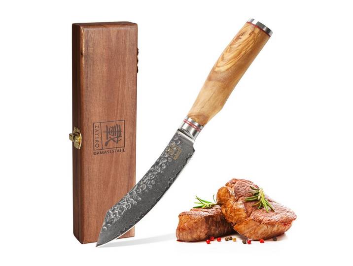 ZAYIKO Steakmesser Minami Damast Steakmesser 12 cm Klinge Olivenholzgriff Holzbox (1 Stück), Damaststahl, VG10-Kern, Hammerschlag