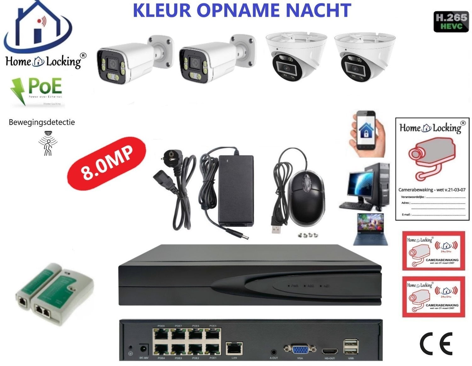 Home-Locking PoE Beveiligingssysteem met 8MP NVR, Bewegingsdetectie en 4 Camera's (2 Dome en 2 Bullet), 2160P Full Color Night Vision, CS-4-1601KL