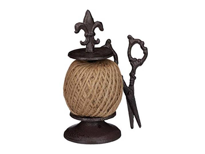 Relaxdays touwhouder antiek, gietijzer, houder met schaar & binddraad, nostalgische tuindecoratie, donkerbruin