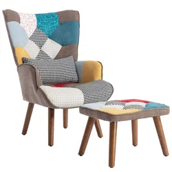 Merax Loungesessel mit Fußhocker, Patchwork-Bezug in mehrfarbigem Design, gepolsterter Loungesessel mit Rückenkissen, Relaxsessel Set