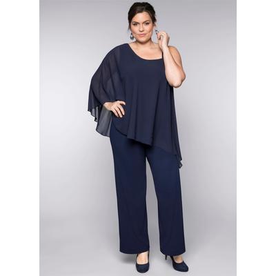 Jumpsuit SHEEGO, Damen, Gr. 48, Normalgrößen, blau (marine), 95% Polyester, 5% Elasthan, unifarben, lang, Overalls Jumpsuit