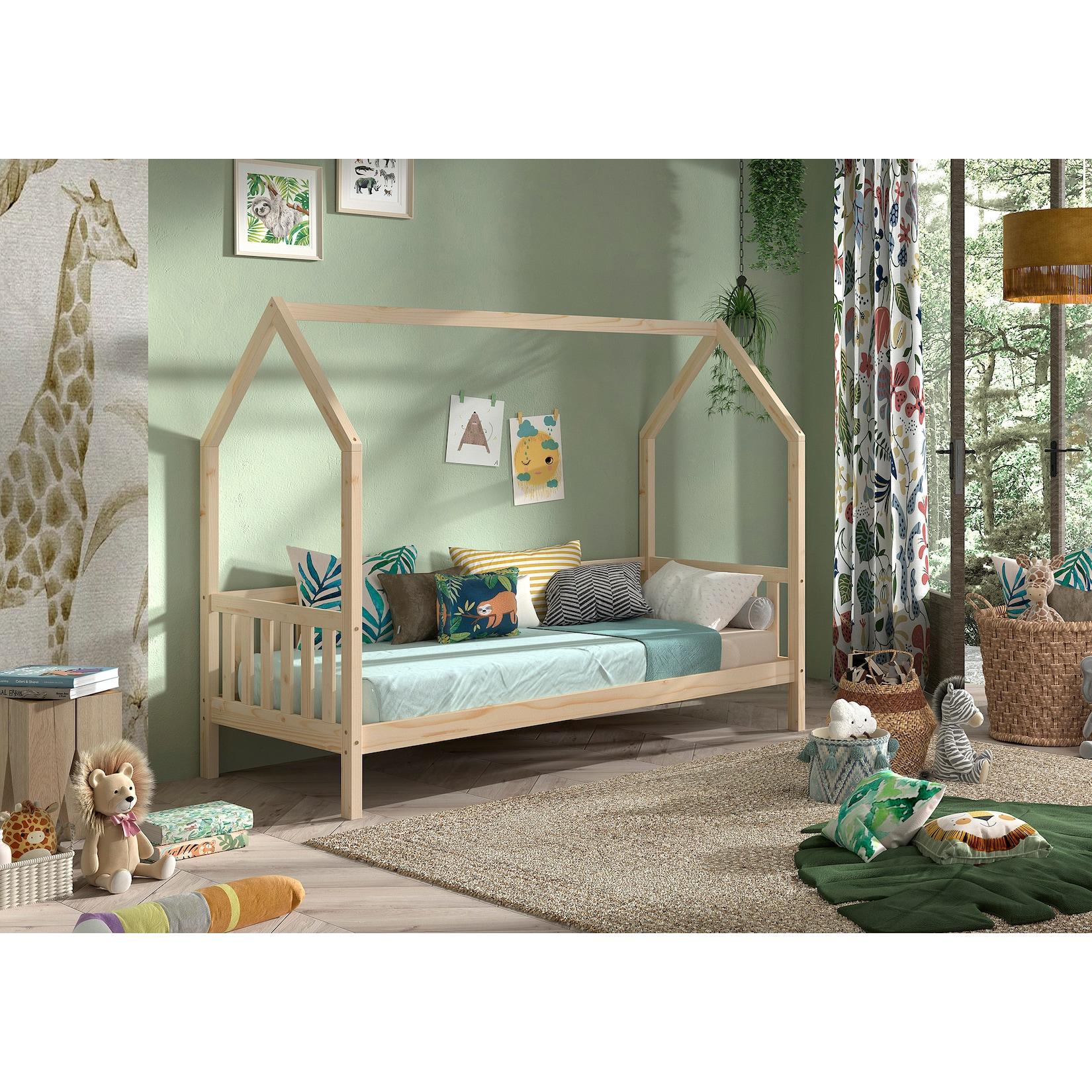 CABANE Hausbett 90x200 cm und seitlicher Umrandung, Kiefer massiv natur