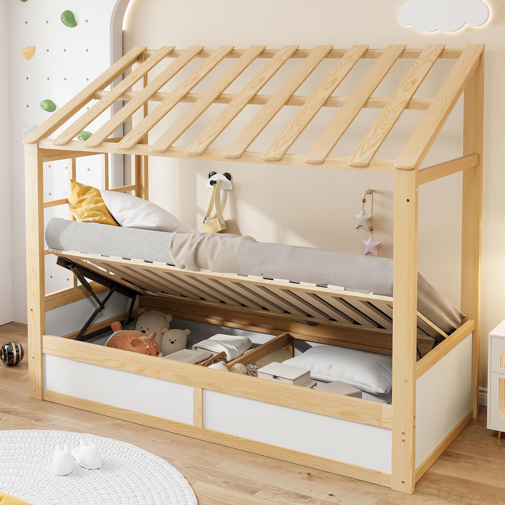 MODFU Kinderbett 90×200 mit Matratze,Hausbett mit hydraulischem Stauraum und Ablagefächern, Jugendbett Bettgestell mit Liegefläche, Natur