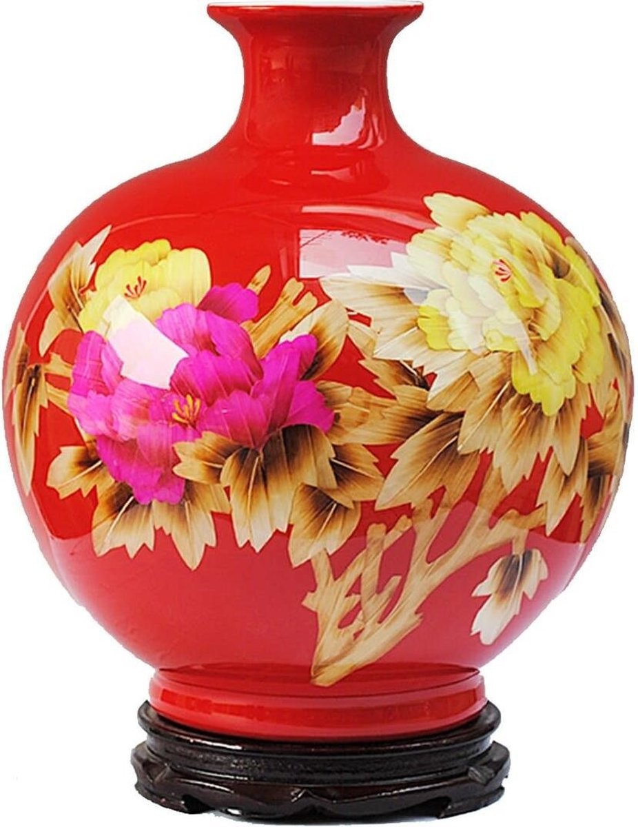 Fine Asianliving Chinese Porseleinen Vaas met Handgemaakte Pioenrozen in Rood, Hoogte: 29,5 cm