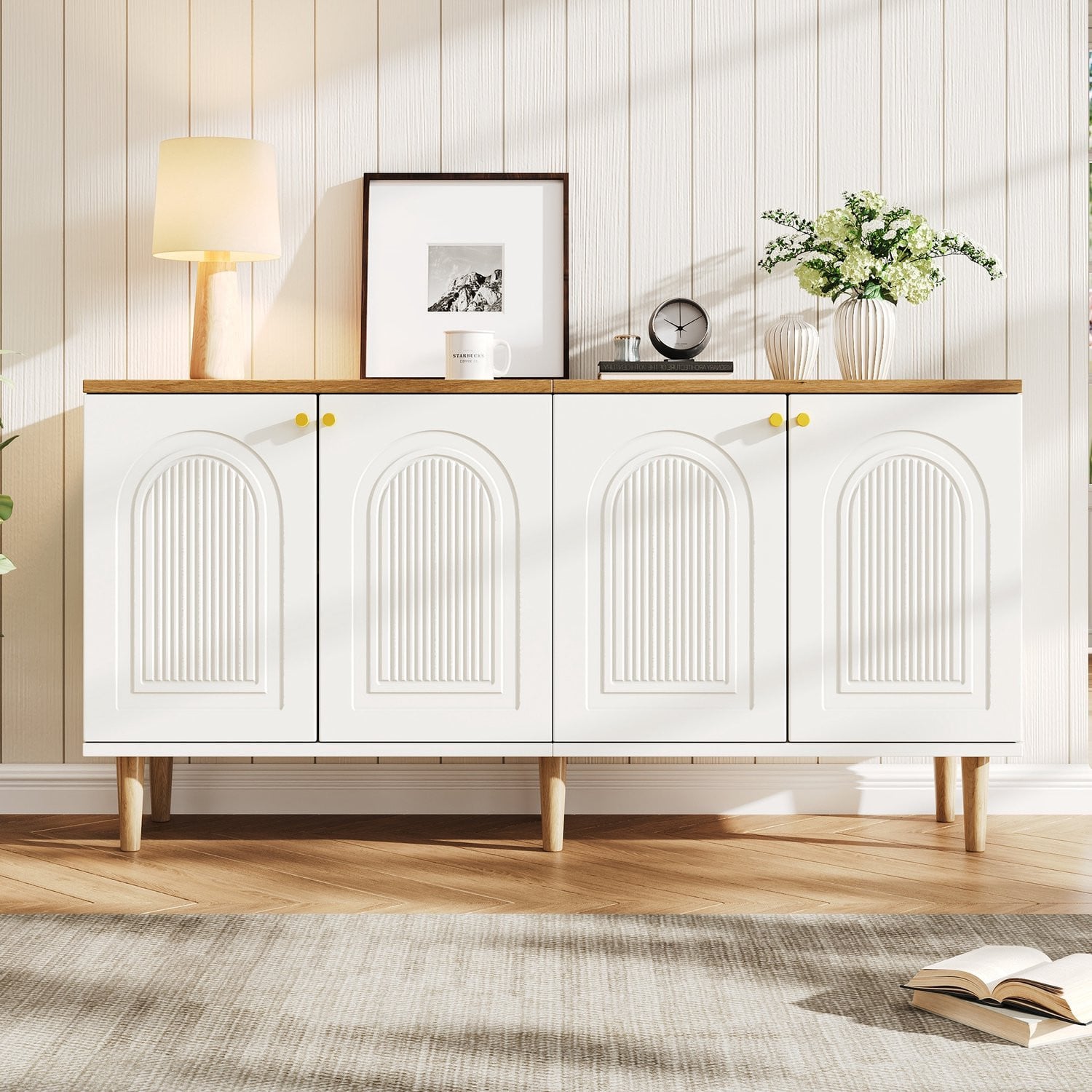 Sweiko Dressoir Halmeubel Wit met Houtnerf en 4 Deuren met Reliëfmotief