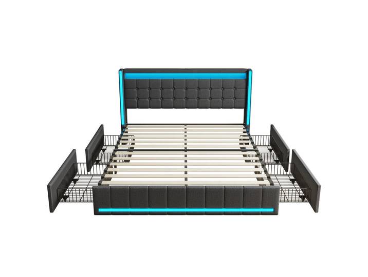 Polsterbett 140x200 cm, Grau, mit LED-Beleuchtung & USB-Aufladung, Mode, 140x200 cm, Schlafzimmer, Betten, Polsterbetten