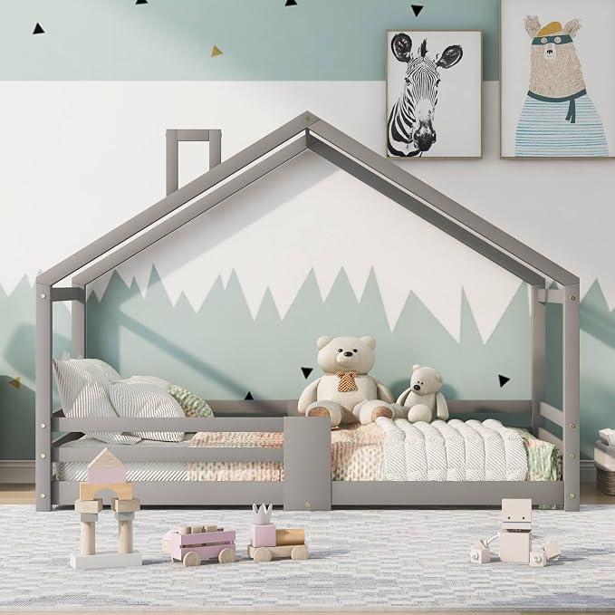 Hausbett 90 x 200 cm,Kinderbett mit Schornstein Rausfallschutz Robuste Lattenroste Kiefernholz Haus Bettbettgestell for Kids, Jugendbett für Kinder (Grau)