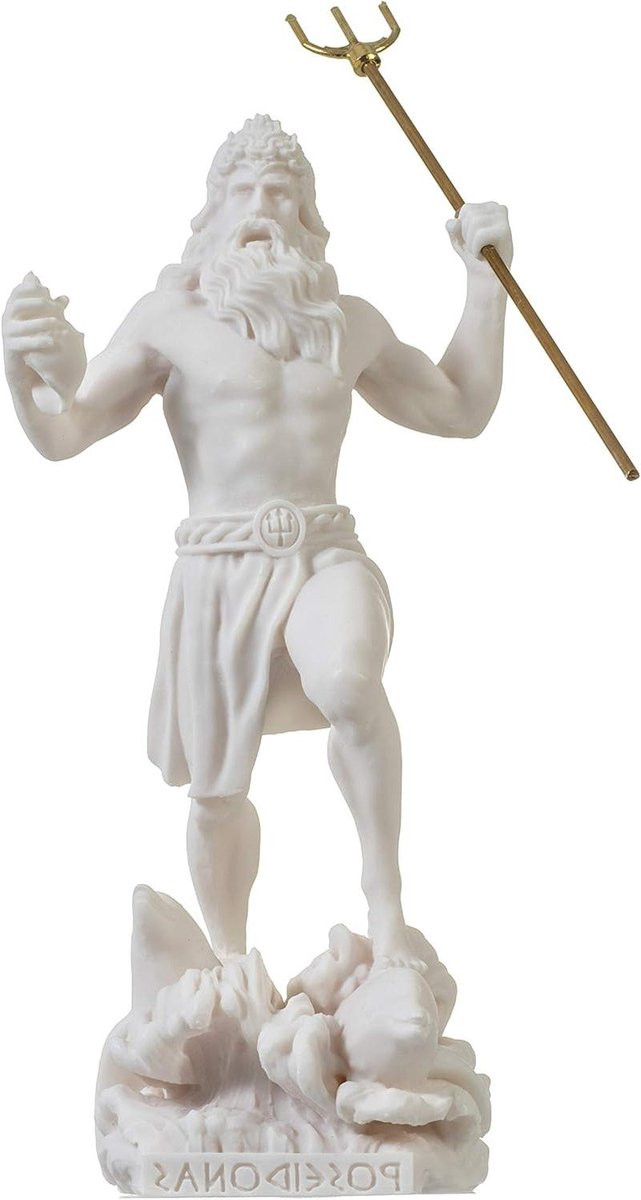 Handgemaakt Alabast Poseidon Beeld - Zeegod Standbeeld voor Huisdecoratie - Wit - Hoogte: 23 cm