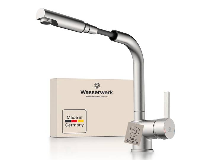 Spültischarmatur WASSERWERK WK 4, Wasserhahn, Küche, Einhebelmischer , silber (edelstahloptik), B:5,7cm H:29,8cm T:23,3cm, Messing, Armaturen, Spültischarmatur, 360 schwenkbar, Cold-Start-Funkt., herausziehbar