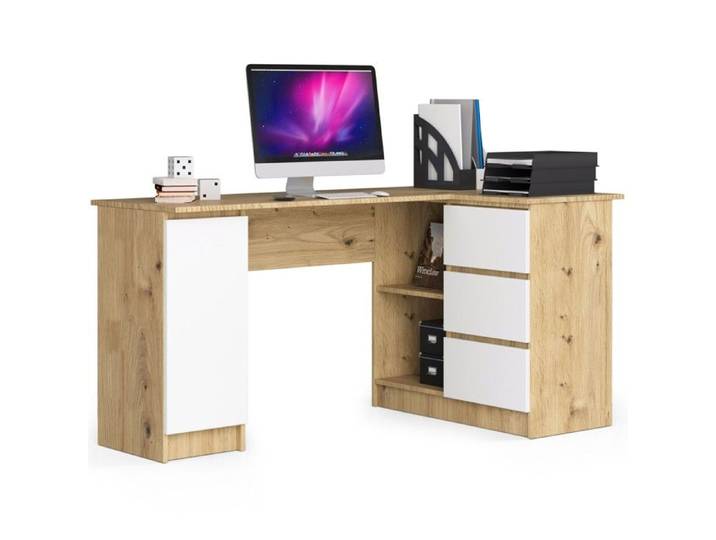 Grand bureau d'angle AKORD droit B20 Chêne Artisan 155 cm 1 porte 3 tiroirs façade Blanche 4 étagères 155x85x77 cm