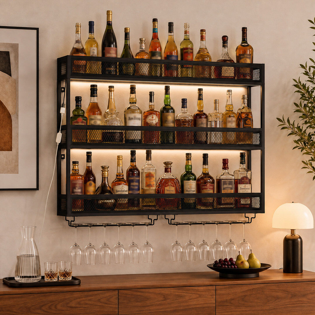 Rio Wine Bottle & Glass Rack Black Black 80cm H X 100cm W X 15cm D