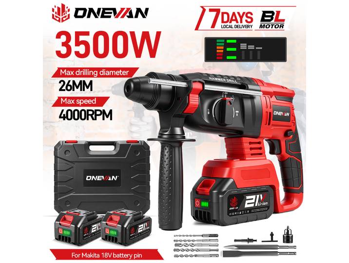 Marteau électrique sans fil ONEVAN 3500W, 4 modes, perceuse à percussion multifonctionnelle, outil électrique compatible avec les batteries Makita 18V.