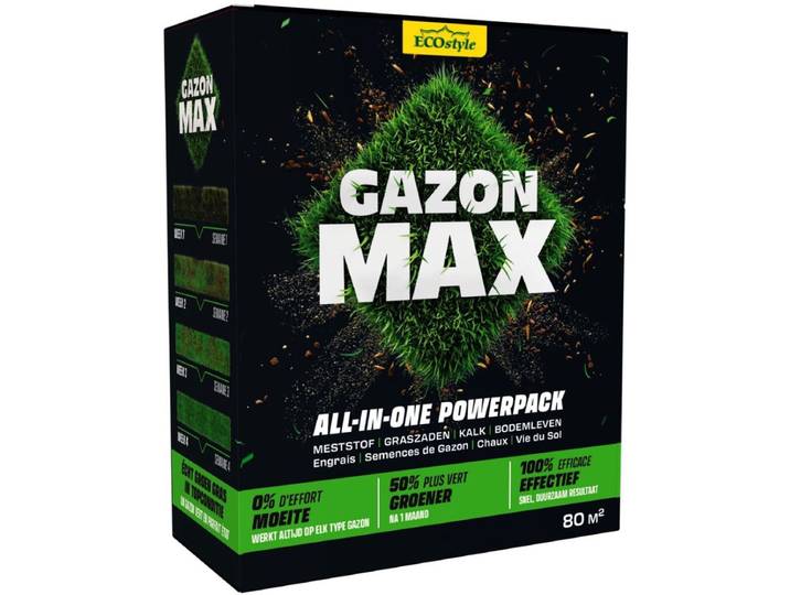 ECOstyle GazonMax 4 kg - All-in-one Powerpack - Gazonmest\, Graszaad\, Kalk & Bodemleven - voor 80m2 gazon - 0% moeite - 50% groener na 1 maand - 100% effectief