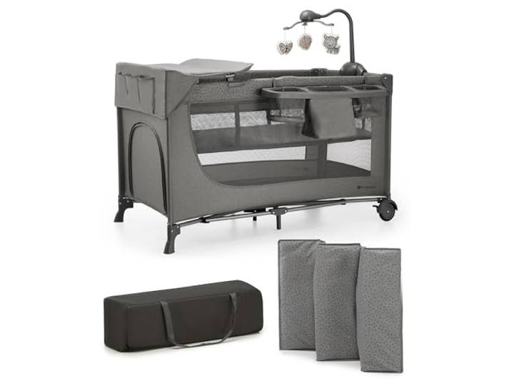 Kinderkraft Joy 2 Acc, Kinderreisebett, 3-in-1, Zubehör, Rollen, Dunkelgrau