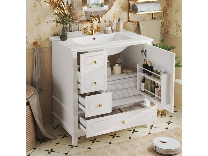 Meuble sous vasque blanc en MDF avec vasque céramique 2 tiroirs porte et grand tiroir 76 5 cm