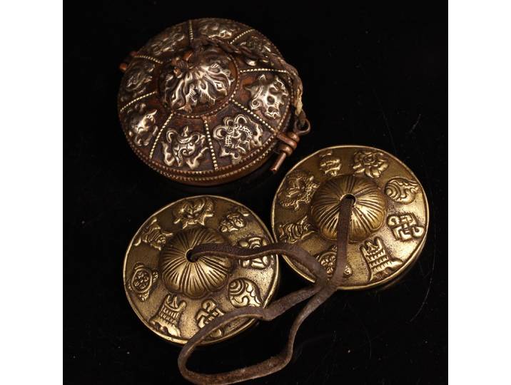 Collection de temple tibétain, vieux Bronze cinabre, huit modèles de trésors, cloche à sonnerie ancienne, amulette, ensemble de boîte à sonnerie, maison de ville