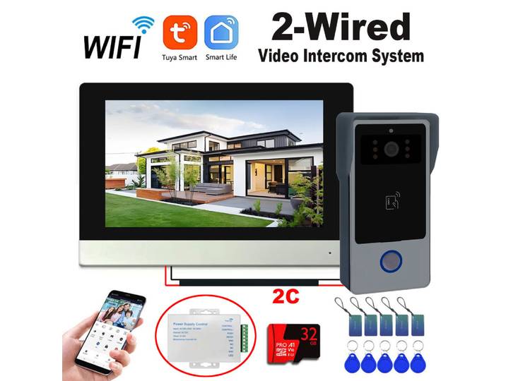 Système d'interphone vidéo numérique à 2 fils, moniteur WIFI sans fil de 7 pouces, interphone 1080P, caméra, sonnette vidéo, carte IC, déverrouillage par application Tuya