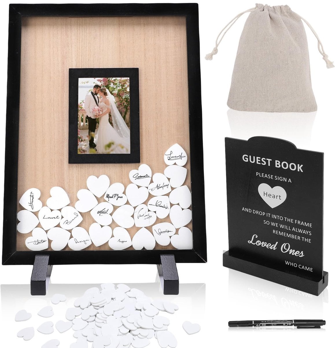 Dailygoods Alternatief Bruiloft Gastenboek met Harten - Houten Fotolijst voor Herinneringen