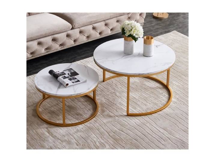 Table Basse Gigogne Ronde - Lot de 2 - Métal - Marbre - 80x45cm et 60x33cm - Or