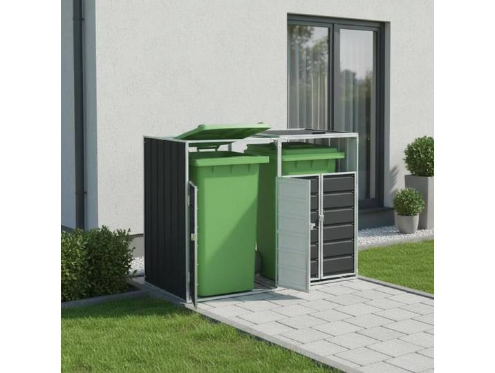 Support de rangement pour poubelles en acier, pour 2 poubelles, robuste, avec roulettes, pour extérieur, jardin, cuisine