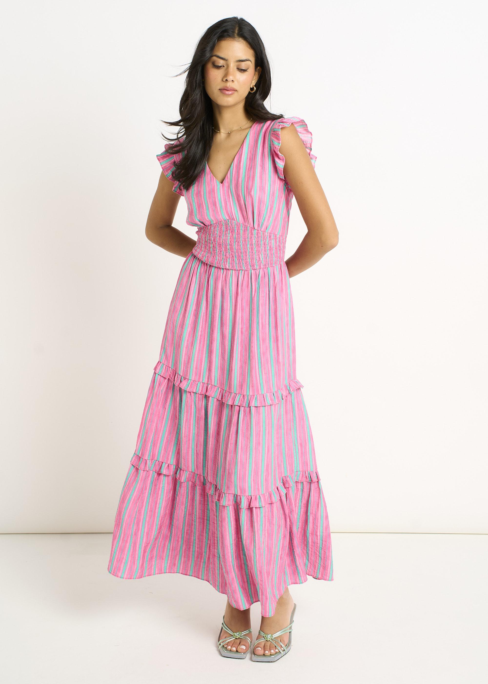 Rosa Sommerstreifen Maxikleid mit geraffter Taille