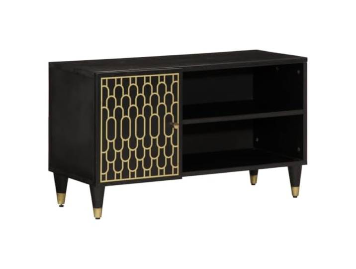 KUPTYERFG TV-Schrank Massivholz Mango 80x31,5x46 cm Lowboard Schwarz Handgeschnitztes Blumenmuster aus schwarzem Mangoholz und Eisenbeinen bringt Retro-Charme ins Wohnzimmer.