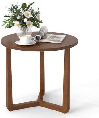Costway 22.5 inch Round Side Table Farmhouse End Table with Sturdy Rubber Wood Legs and Triangular Structure-Walnut