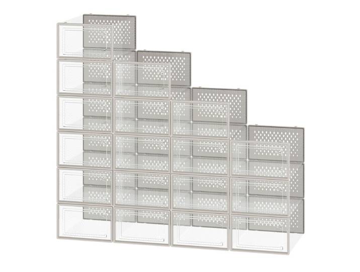 JOYFURNOS Boîtes à chaussures empilables, Lot de 18 organisateurs de rangement pour chaussures, Convient pour la taille UK 11, Transparent et beige