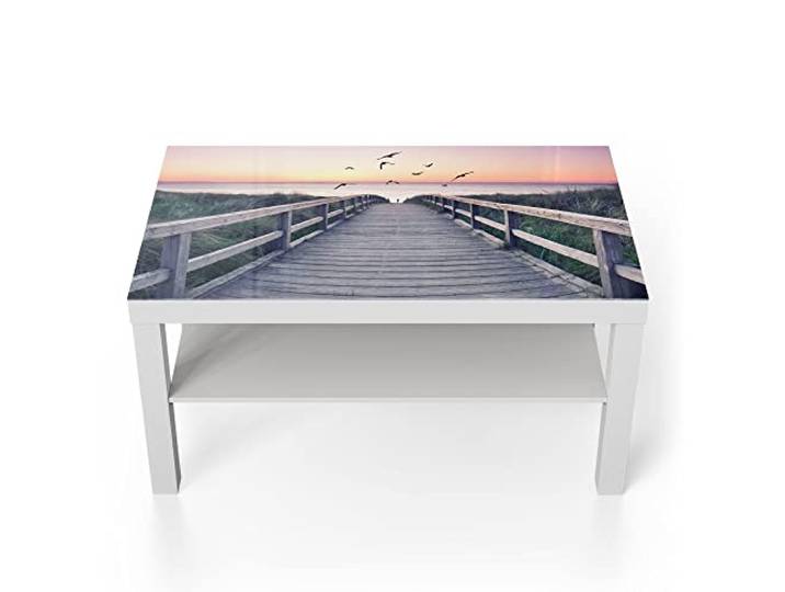 DEQORI Glastisch weiß groß 90x50 cm Motiv Dünenweg im Abendlicht ausgefallener Beistelltisch aus Glas Hochglanz Couchtisch fürs Wohnzimmer moderner Couch Tisch mit Design