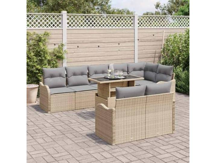 KTHLBRH Relax Set 9-teilig beige Poly Rattan Modular, Glastisch, verstellbare Füße, wetterfest