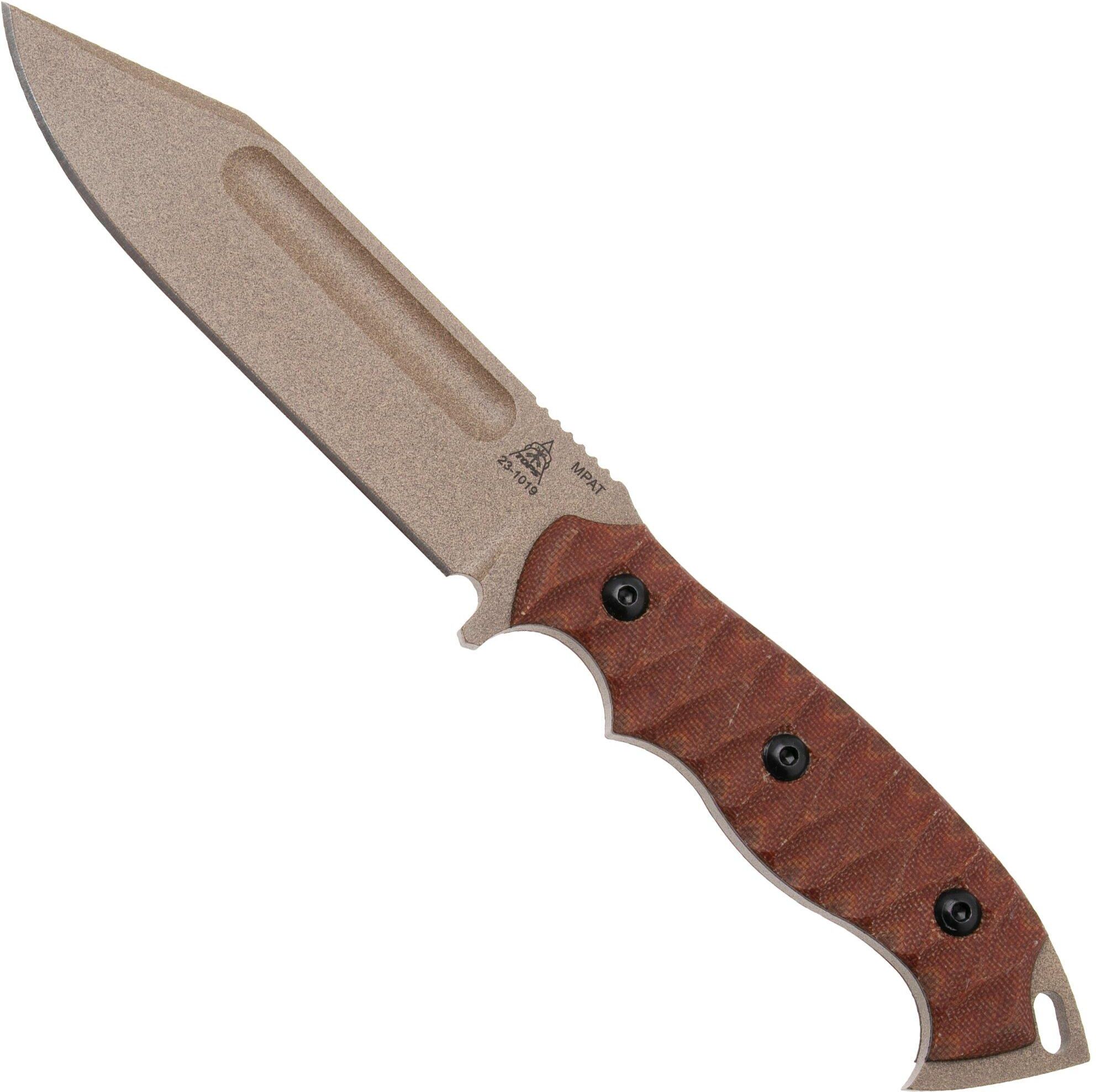 TOPS Knives M-PAT, MPAT-01, 1095 Coyote Tan Coating, Tan Canvas Micarta, coltello da sopravvivenza, Seth Brown design