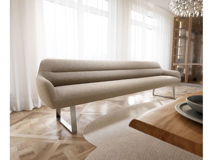 Esszimmerbank Taya-Flex 300 cm Bouclé Schlamm Kufengestell kantig Edelstahl Taschenfederkern, Bänke
