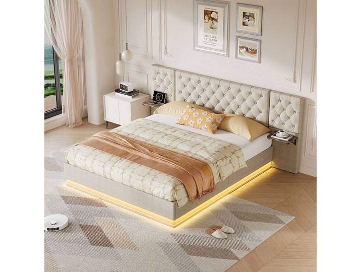 Lit 160x200 cm beige avec deux têtes vintage bois RGB LED télécommande app boutons modes musique et micro.
